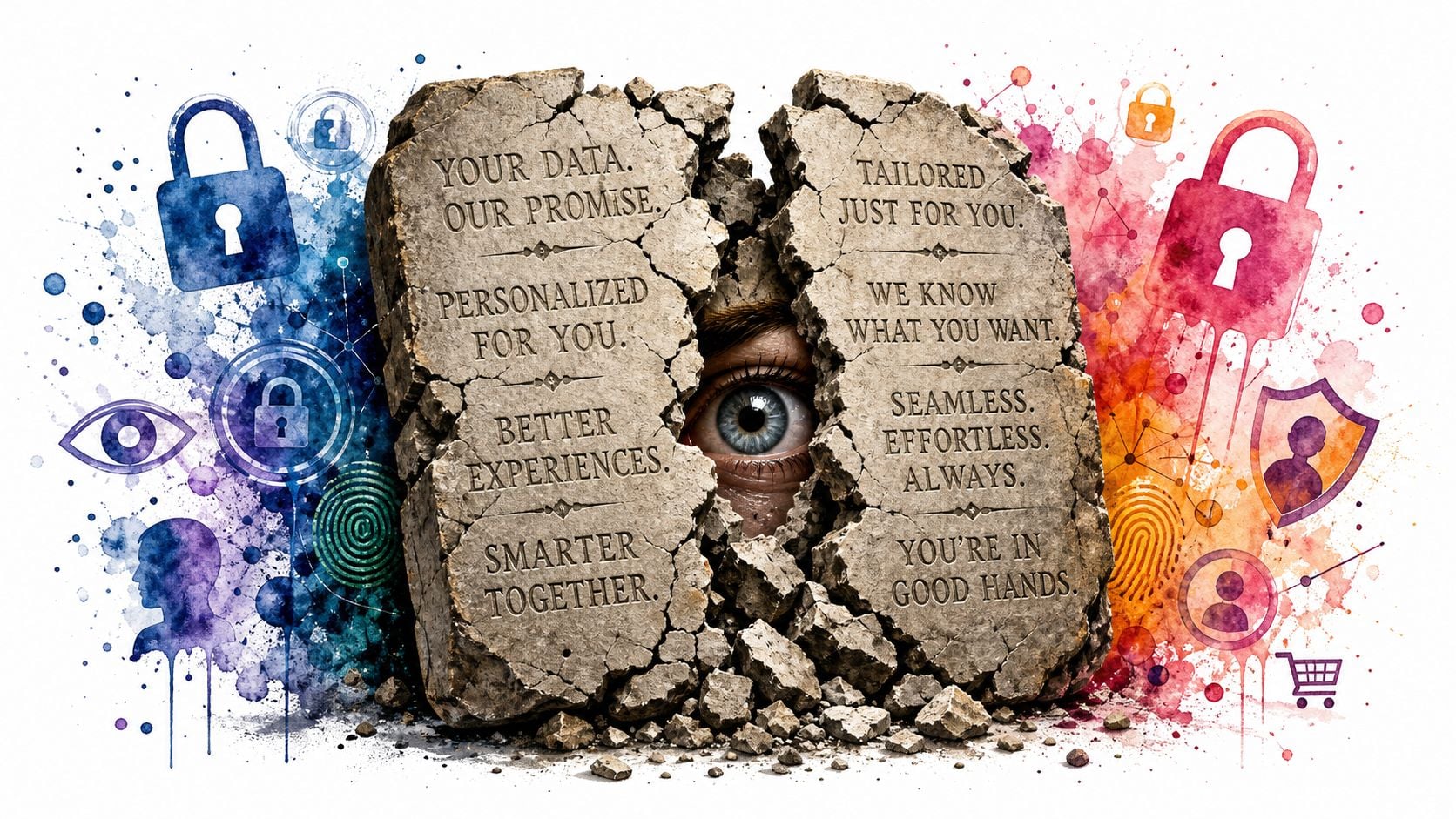 A conceptual illustration of a human eye peering through a cracked stone tablet showing digital privacy marketing messages.