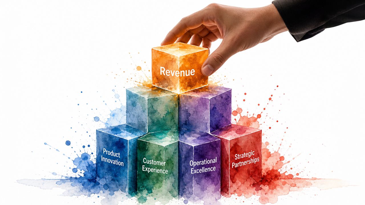 A hand placing an orange revenue cube atop a colorful pyramid of business strategy building blocks.