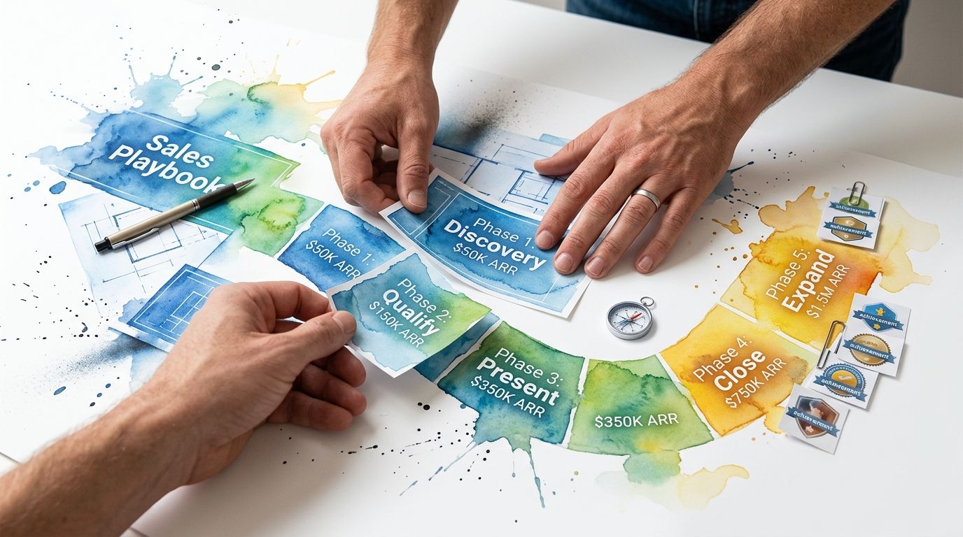 A professional hands-on planning session for a sales enablement strategy using watercolor-themed phase cards on paper.