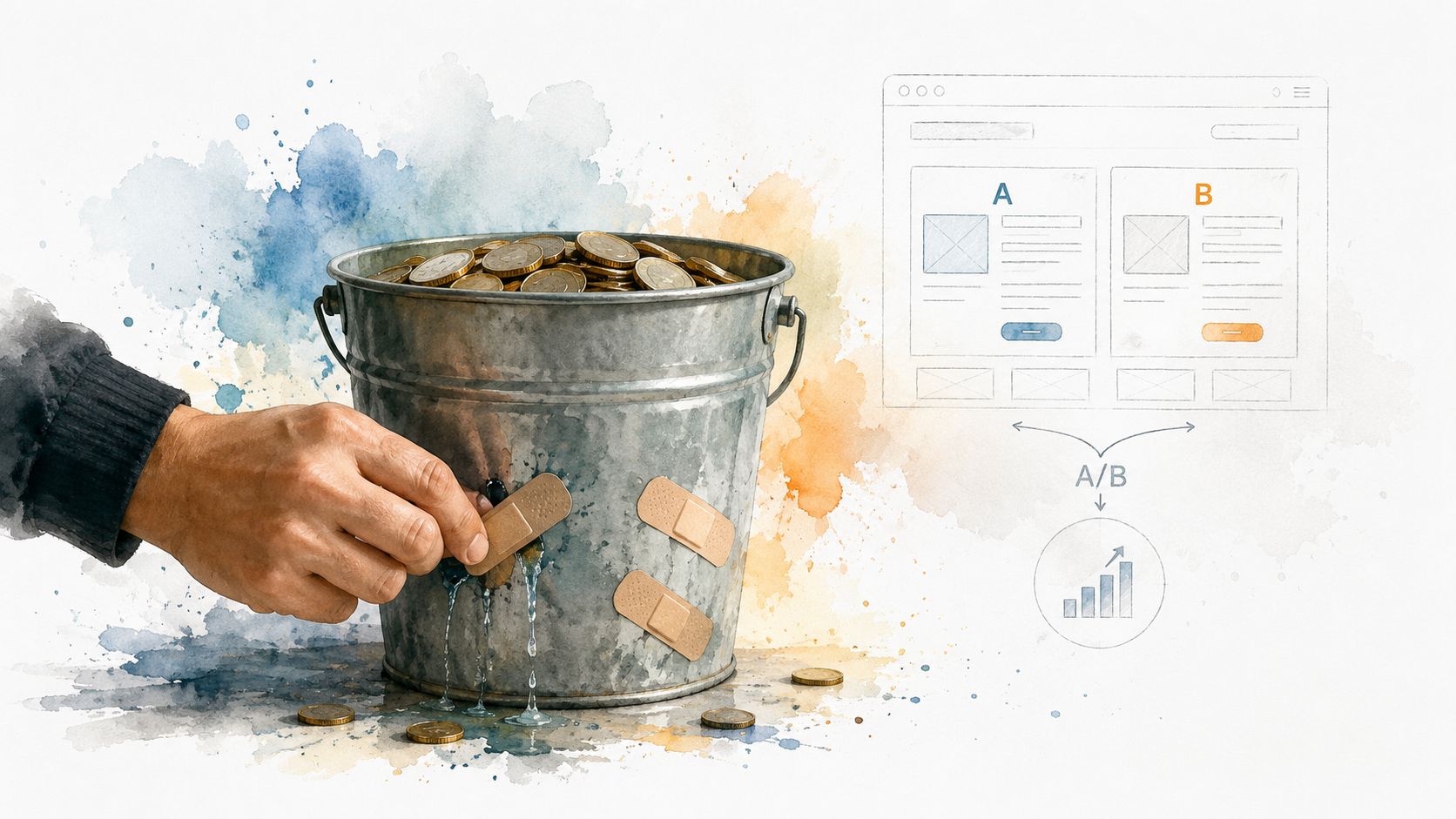 A conceptual illustration showing a person patching a leaking bucket of coins next to A/B testing diagrams.