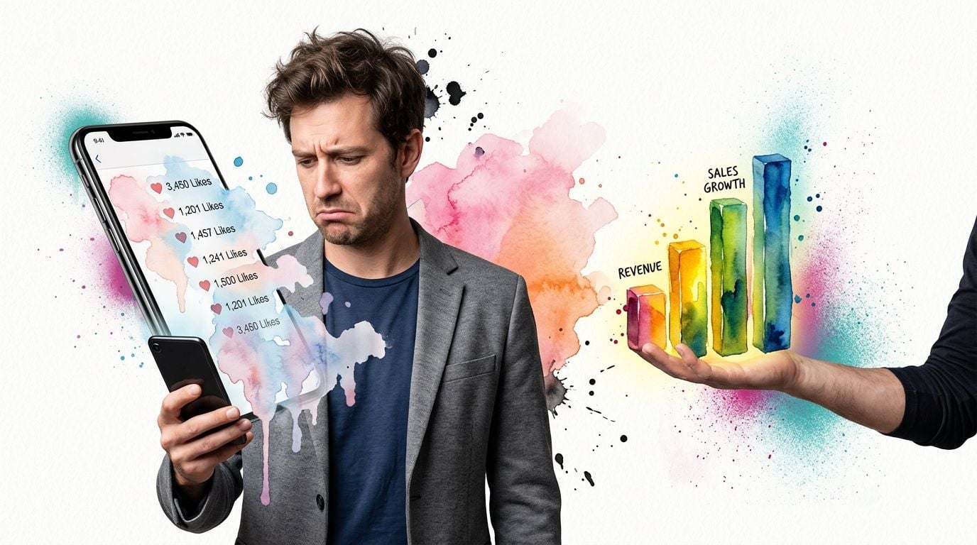 A concerned man looking at social media likes on a phone compared to rising business performance charts.