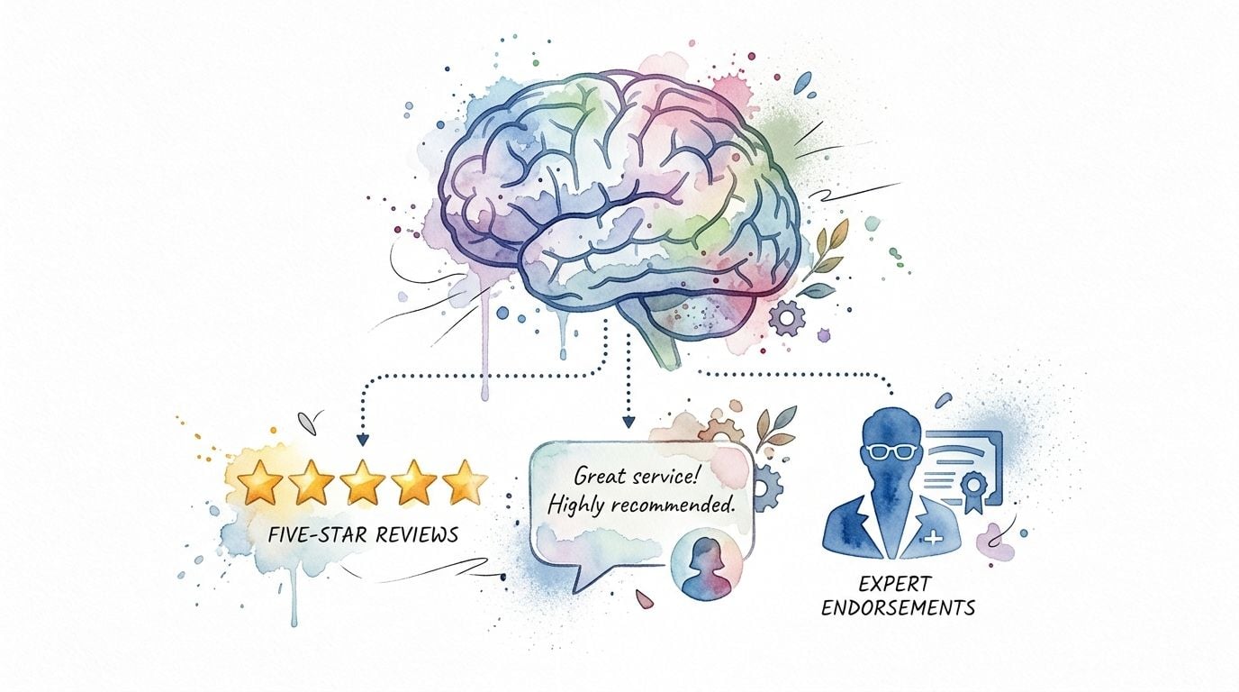 A watercolor illustration of a human brain connected to icons representing five-star reviews, customer feedback, and expert endorsements.