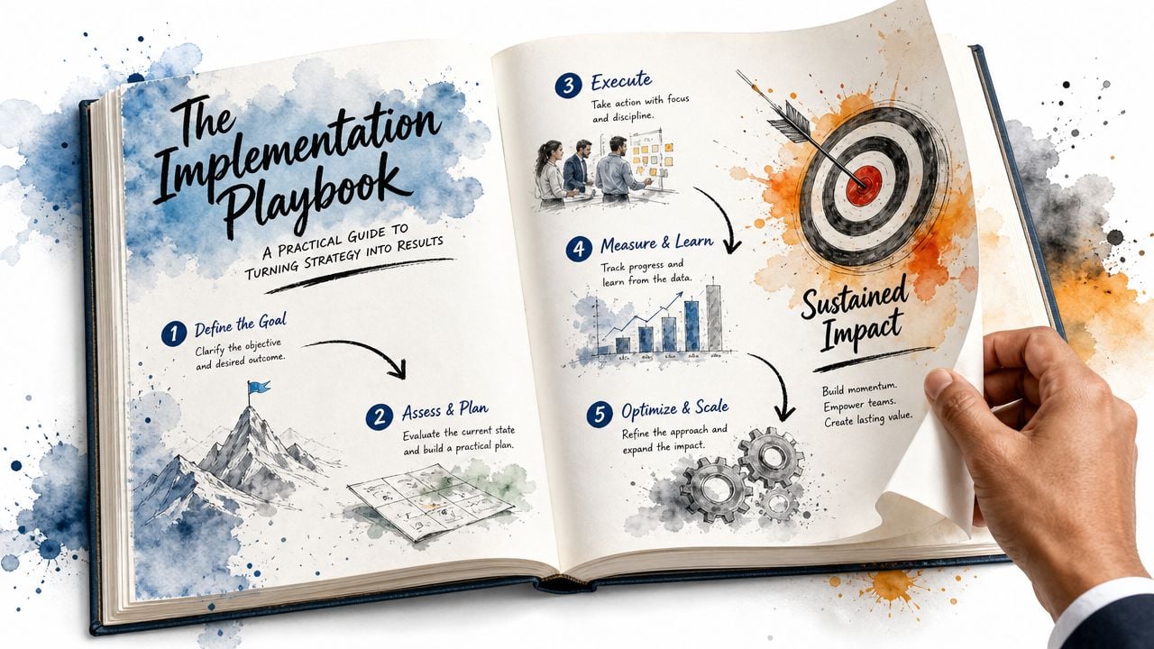 An open book displaying an implementation playbook illustration with five numbered steps for achieving business strategy results.