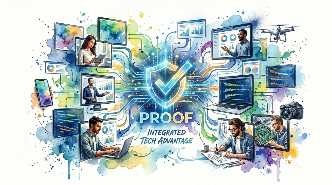 A digital illustration showing diverse professionals connected to a central shield symbol representing integrated technology proof.