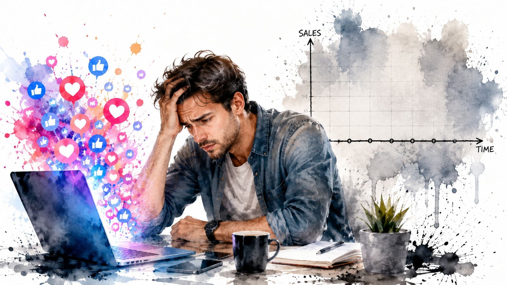 A frustrated man looking at a laptop with social media engagement icons while a sales graph stagnates.