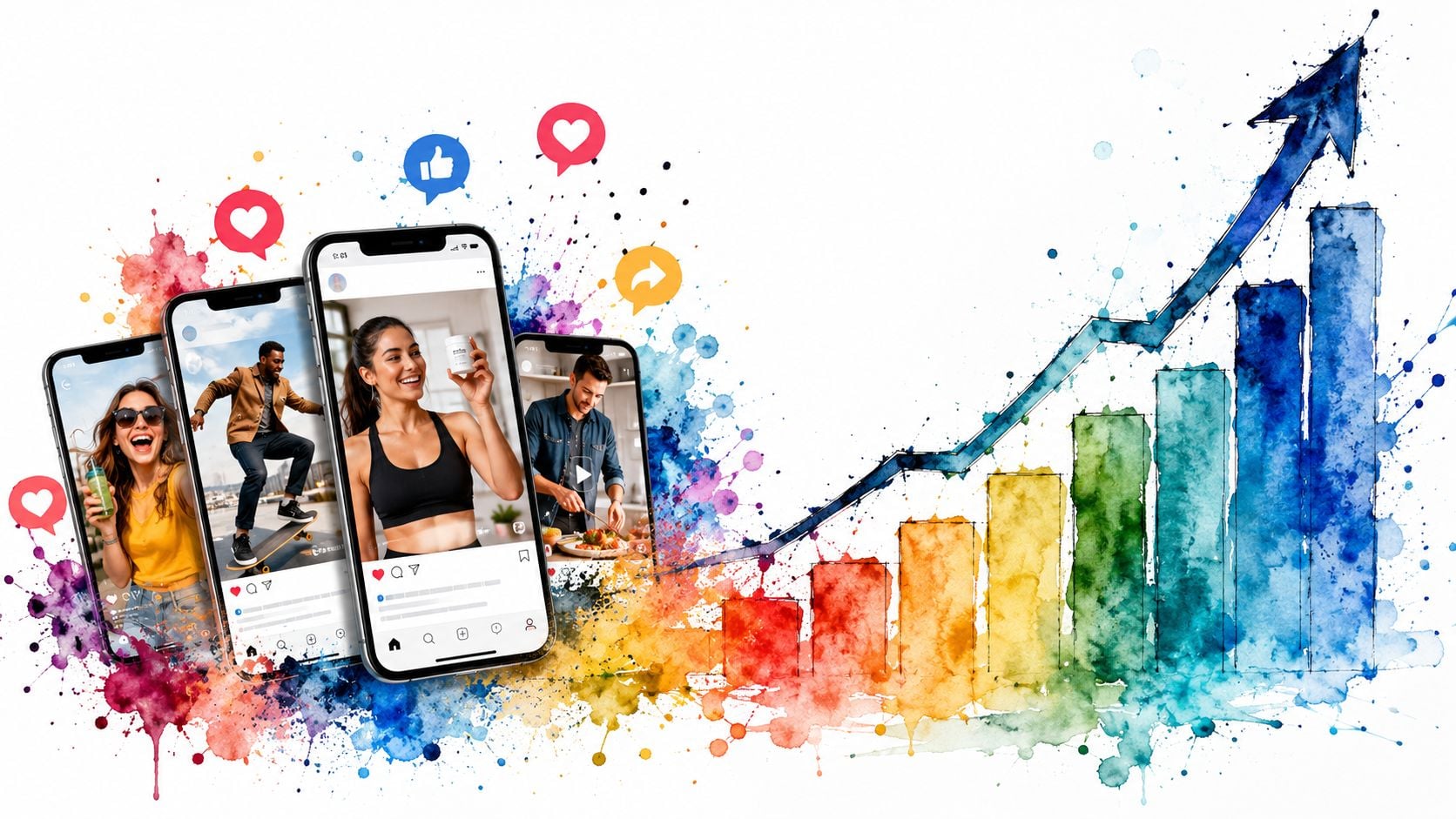 Smartphones displaying social media feeds alongside a colorful watercolor growth chart indicating successful digital marketing strategies.