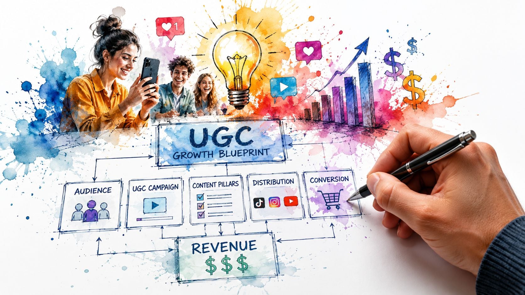 A hand sketching a UGC growth blueprint diagram with marketing strategy concepts and icons on paper.