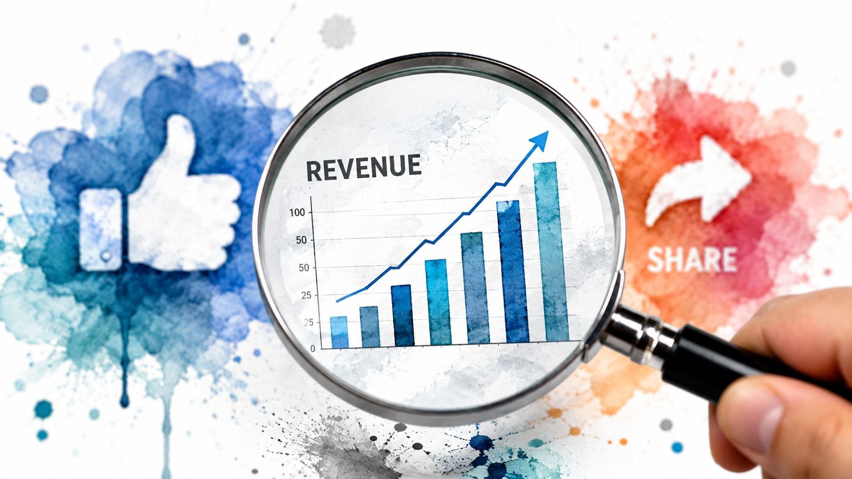 A hand holding a magnifying glass over a bar chart depicting growing revenue and social media engagement icons.