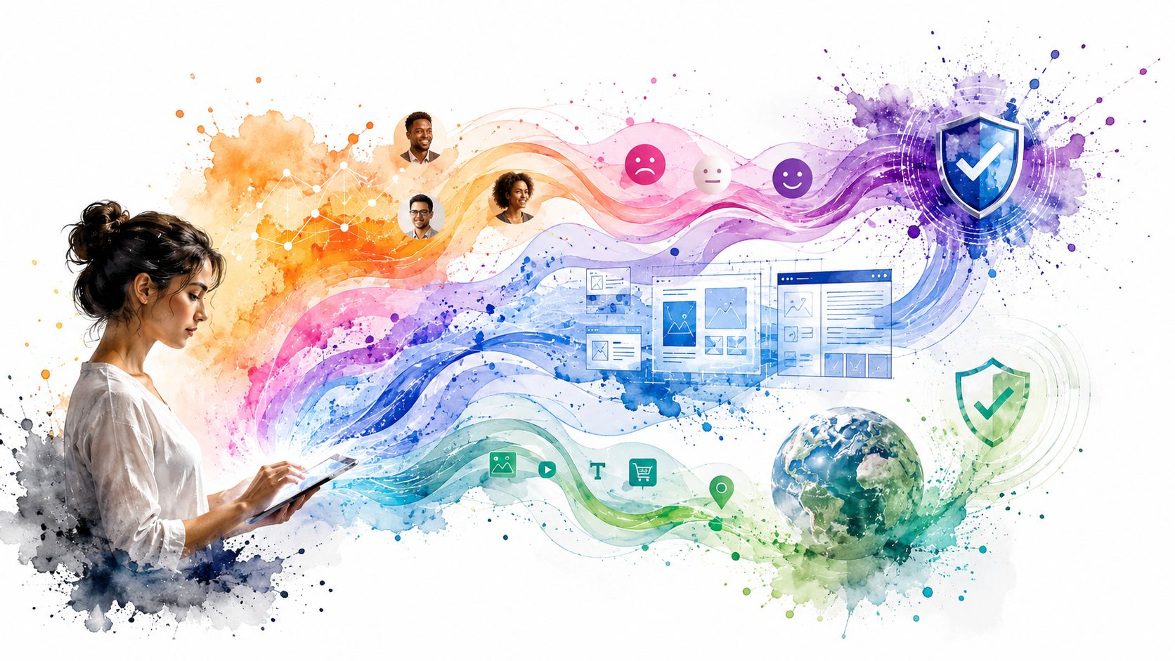 A woman using a tablet, with colorful digital streams representing data, user engagement, and online security.