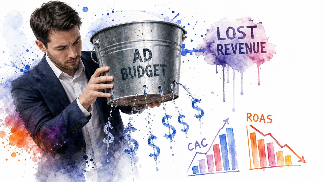 A concerned businessman holding a leaky bucket labeled ad budget with symbols representing lost revenue and marketing metrics.