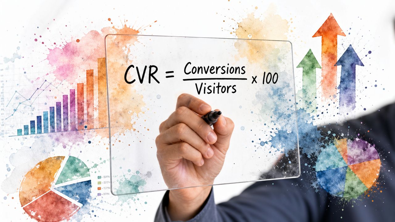 A person writing the conversion rate formula CVR equals conversions divided by visitors on a glass board.