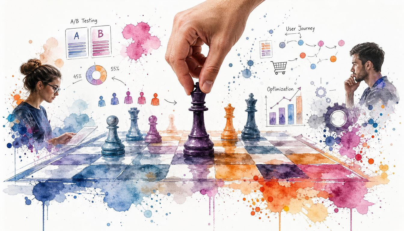 A conceptual illustration of digital marketing strategy showing two people strategizing with chess pieces and data analytics.