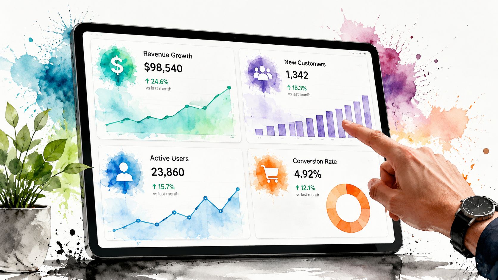 A hand touching a tablet screen displaying business performance analytics dashboards with charts and growth metrics.