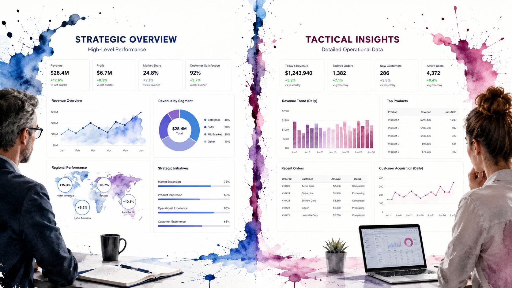 A professional split-screen dashboard displaying strategic business performance metrics on the left and tactical operational data on the right.