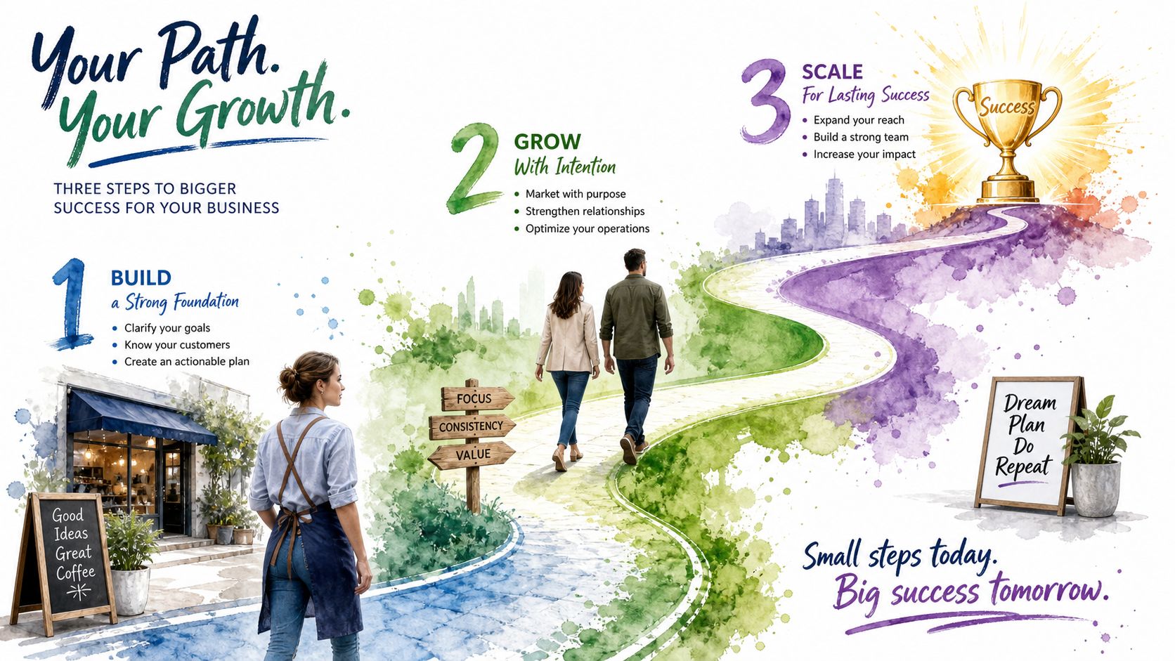 A visual guide outlining three steps to business success, featuring a path from a shop to a trophy.