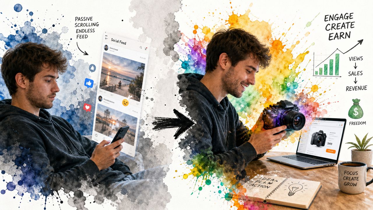 A split image contrasting passive social media scrolling with active content creation and commerce for professional growth.