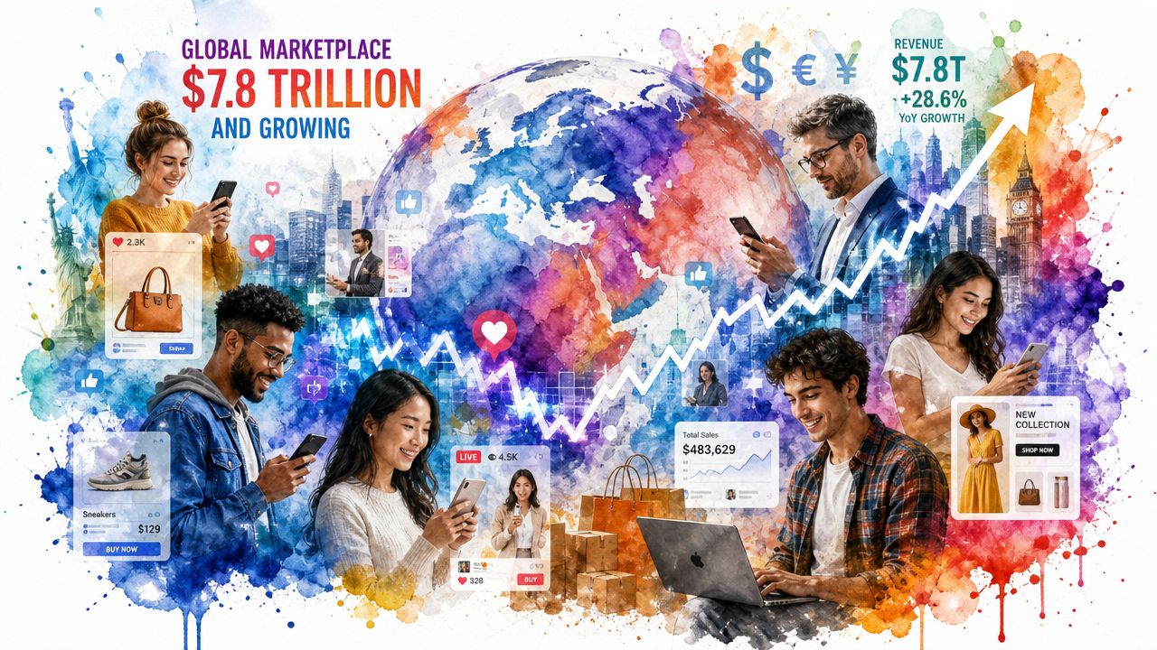 A digital illustration showing diverse people using smartphones and laptops to engage with global e-commerce and social commerce.