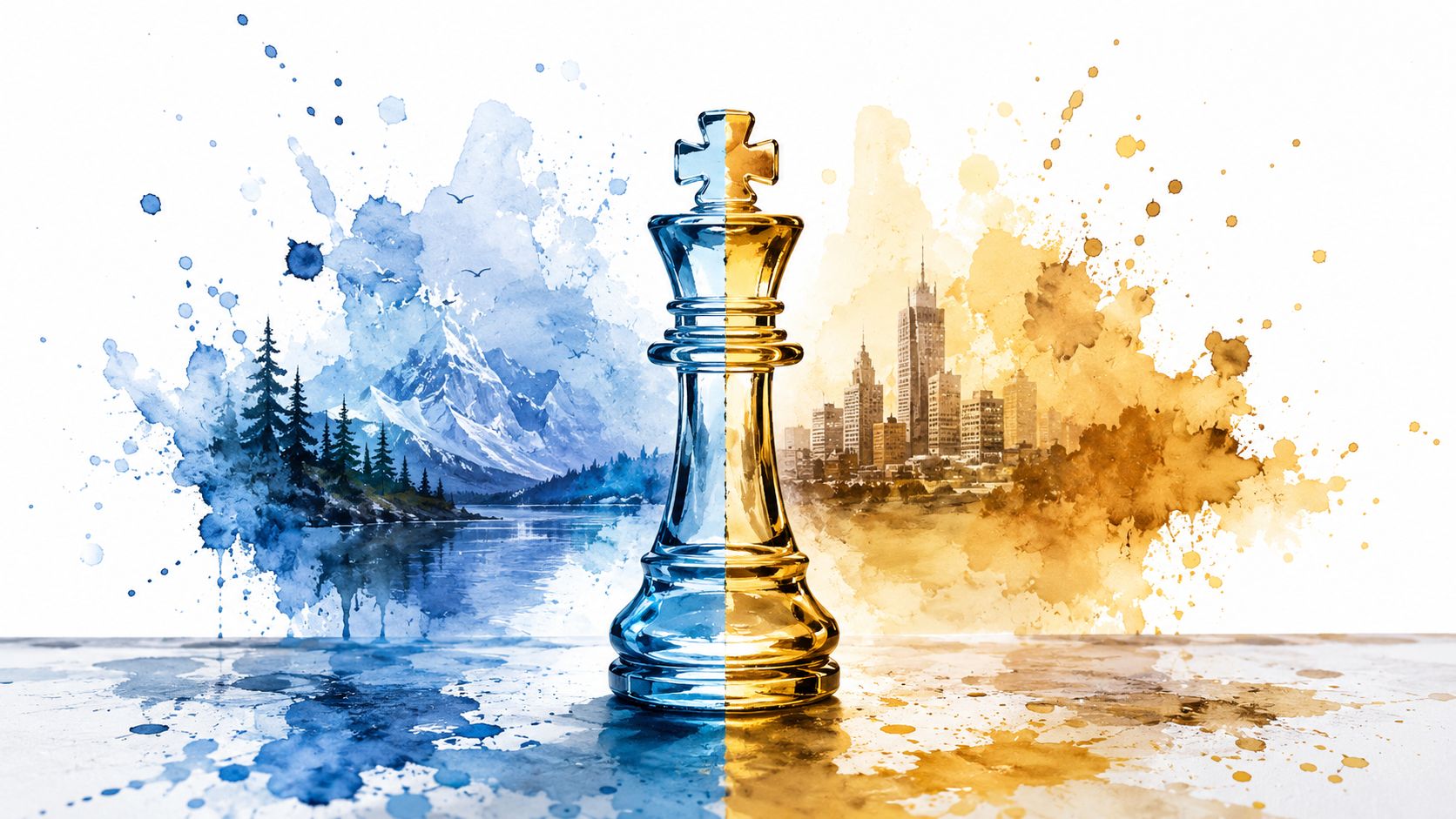 A split design featuring a king chess piece, half nature landscape and half cityscape, symbolic concept art.