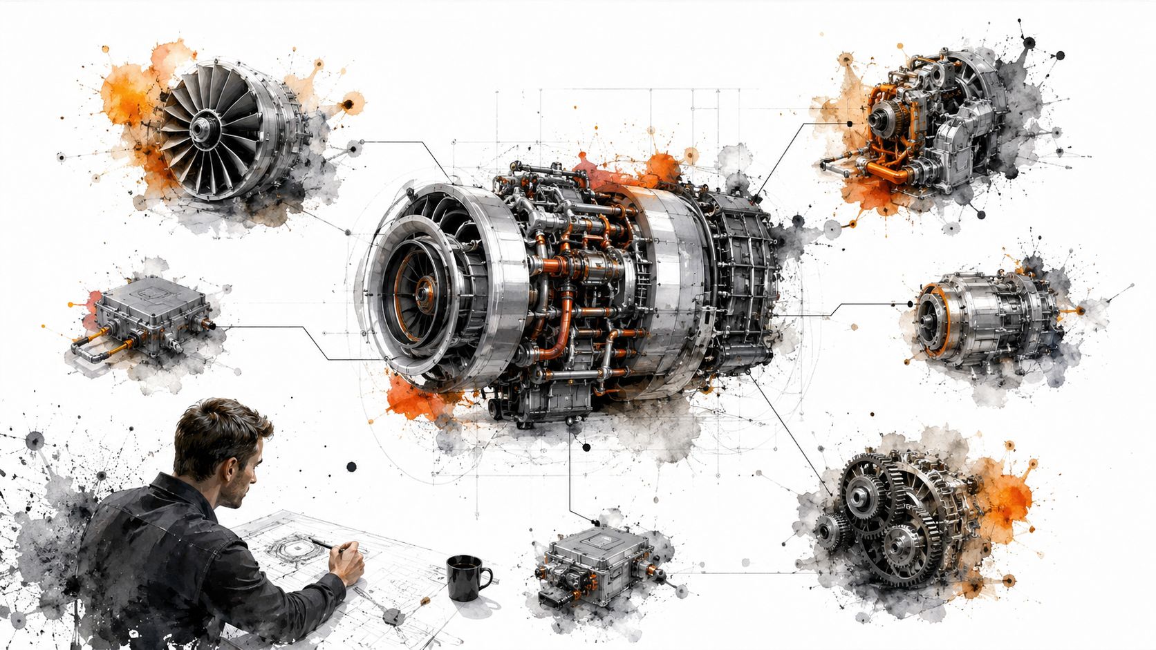 A professional engineer designing a complex jet engine with various mechanical components displayed in technical watercolor illustrations.