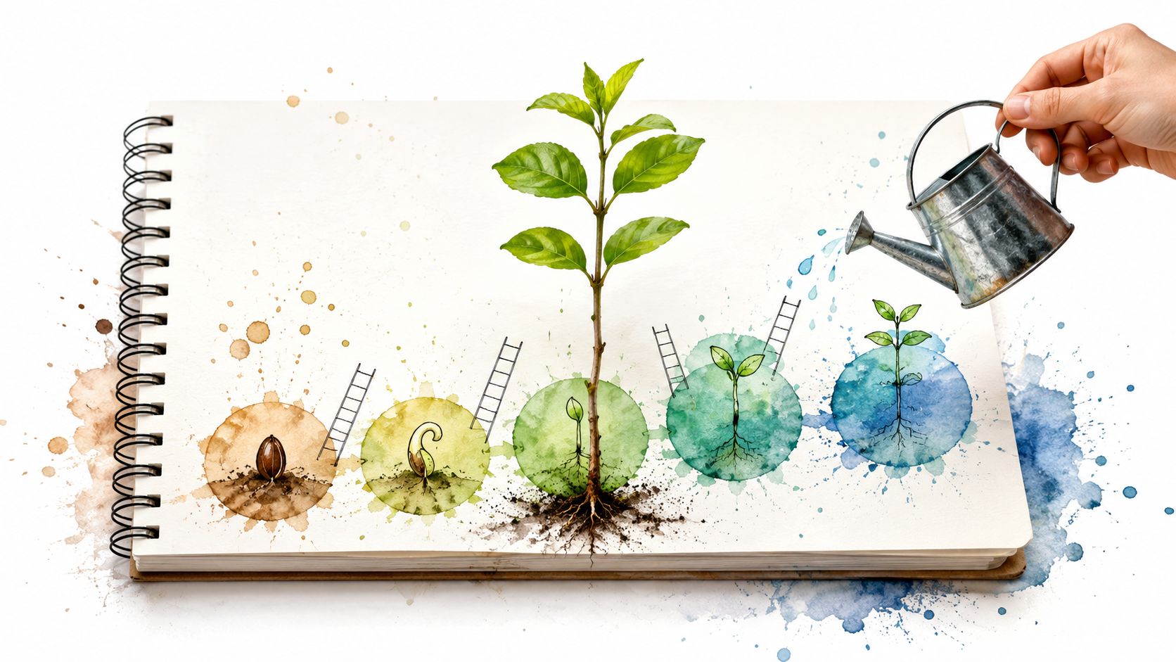 A watercolor illustration in a sketchbook showing the plant growth cycle, watered by a hand with a watering can.