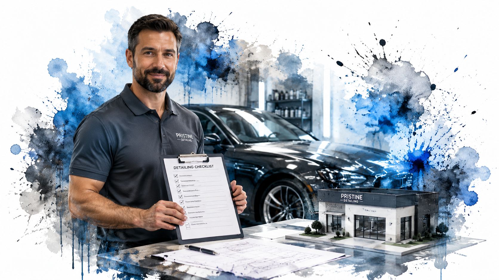 A professional auto detailer holding a checklist with a car shop model and blueprints in his workspace.