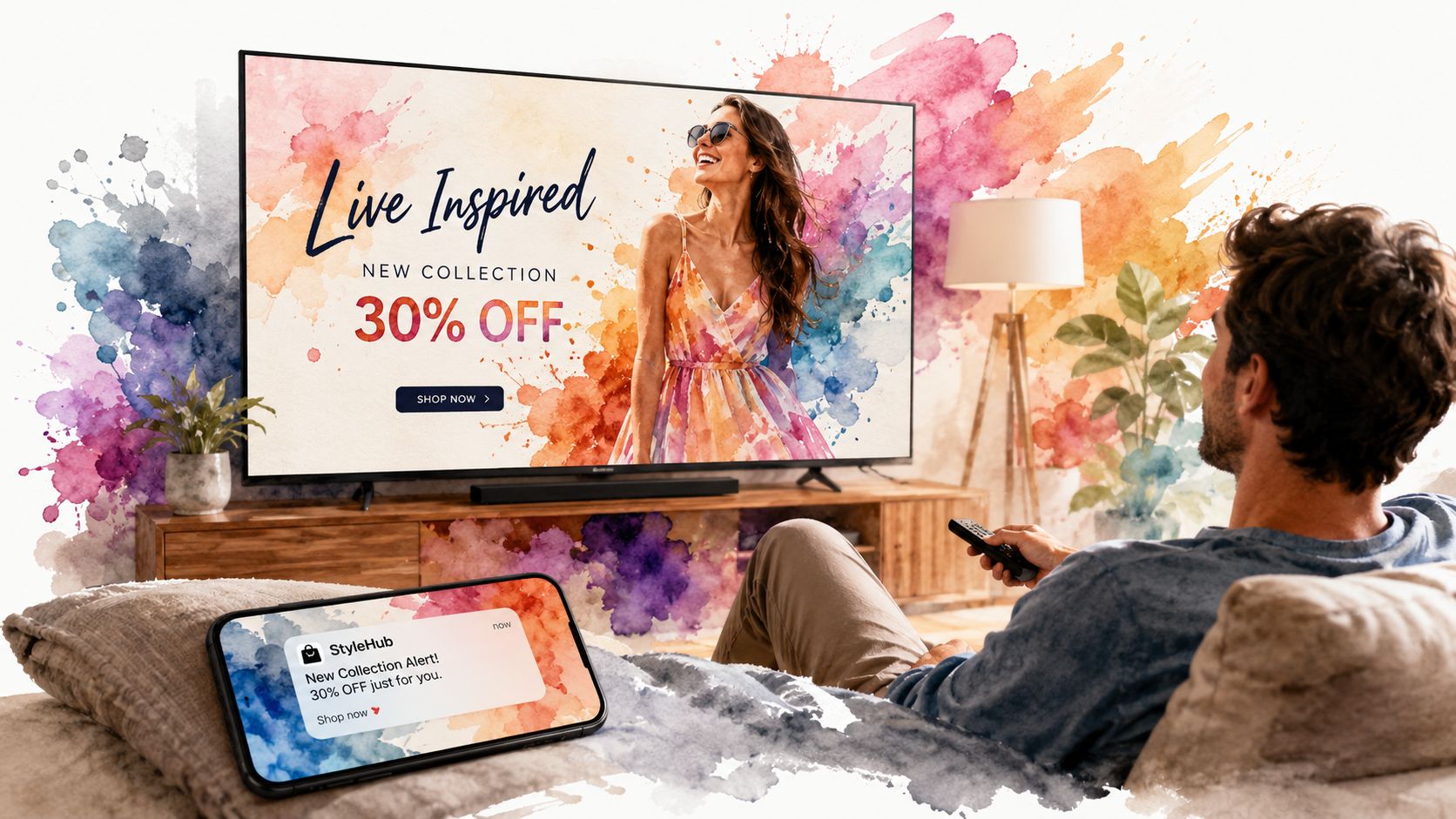 A man relaxing on a sofa watching a fashion advertisement on TV while receiving a notification on his phone.