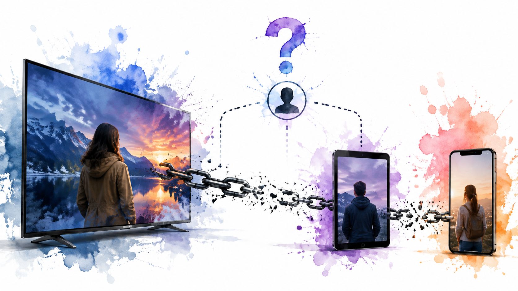 A conceptual illustration showing a TV, tablet, and smartphone linked by chains beneath a question mark icon.