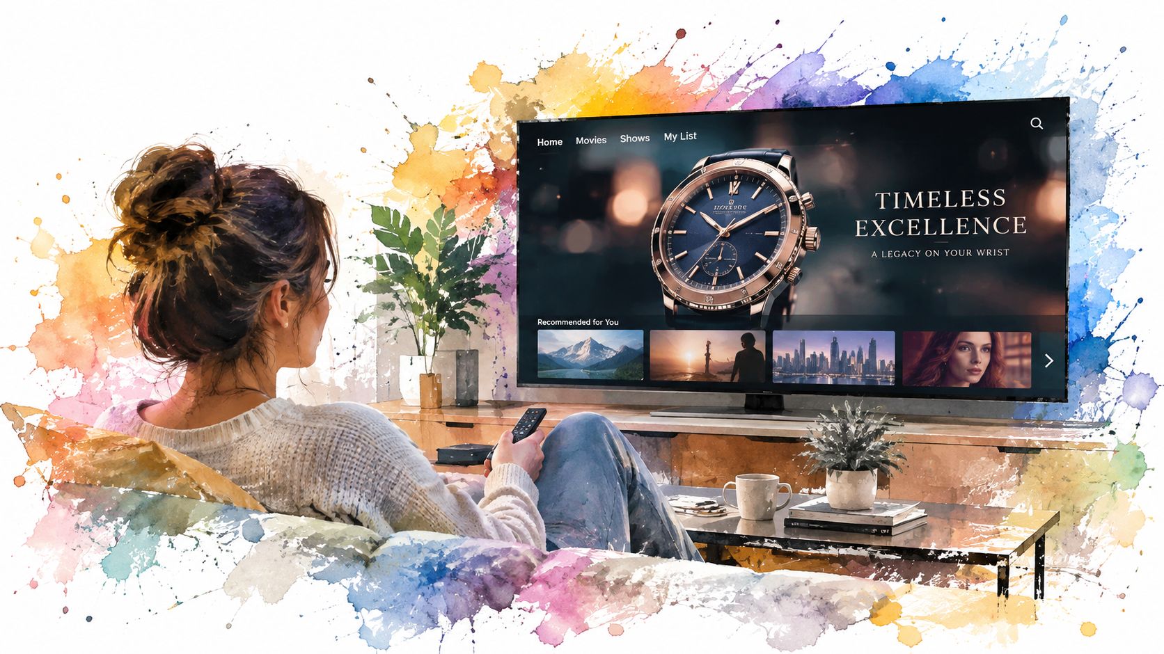 A woman relaxes on a sofa while watching a high-definition connected television in a cozy living room.