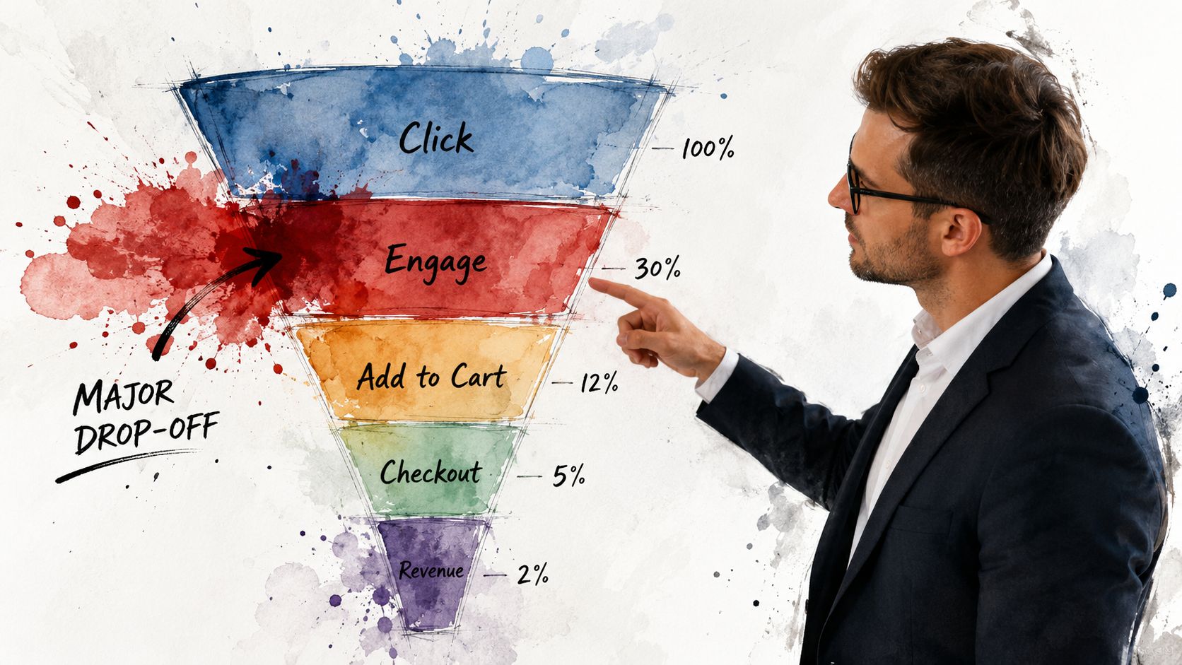 A professional man pointing at a watercolor conversion funnel chart illustrating customer journey and drop-off points.