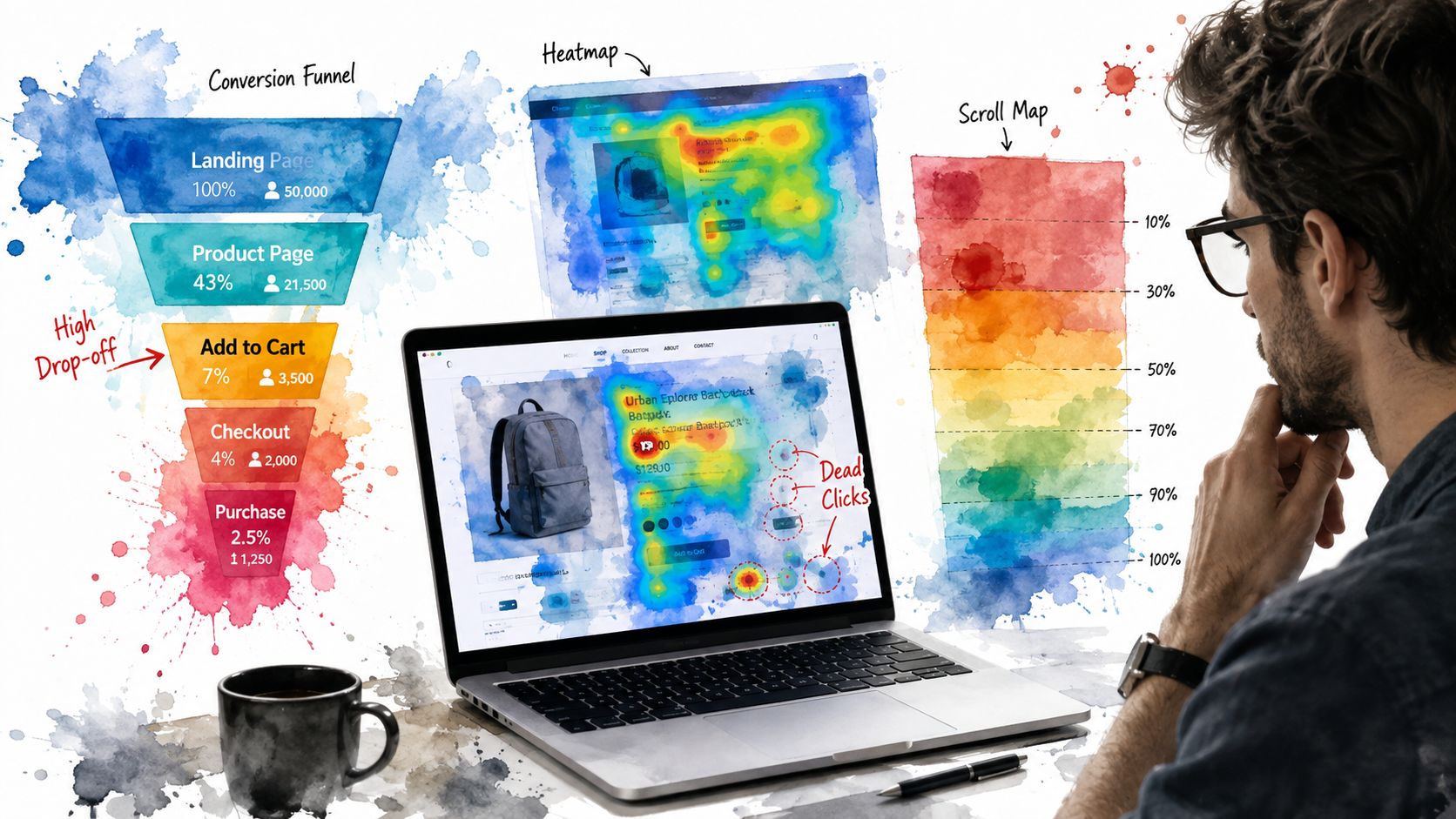 A professional analyzing a conversion funnel, website heatmap, and scroll map on a laptop screen.