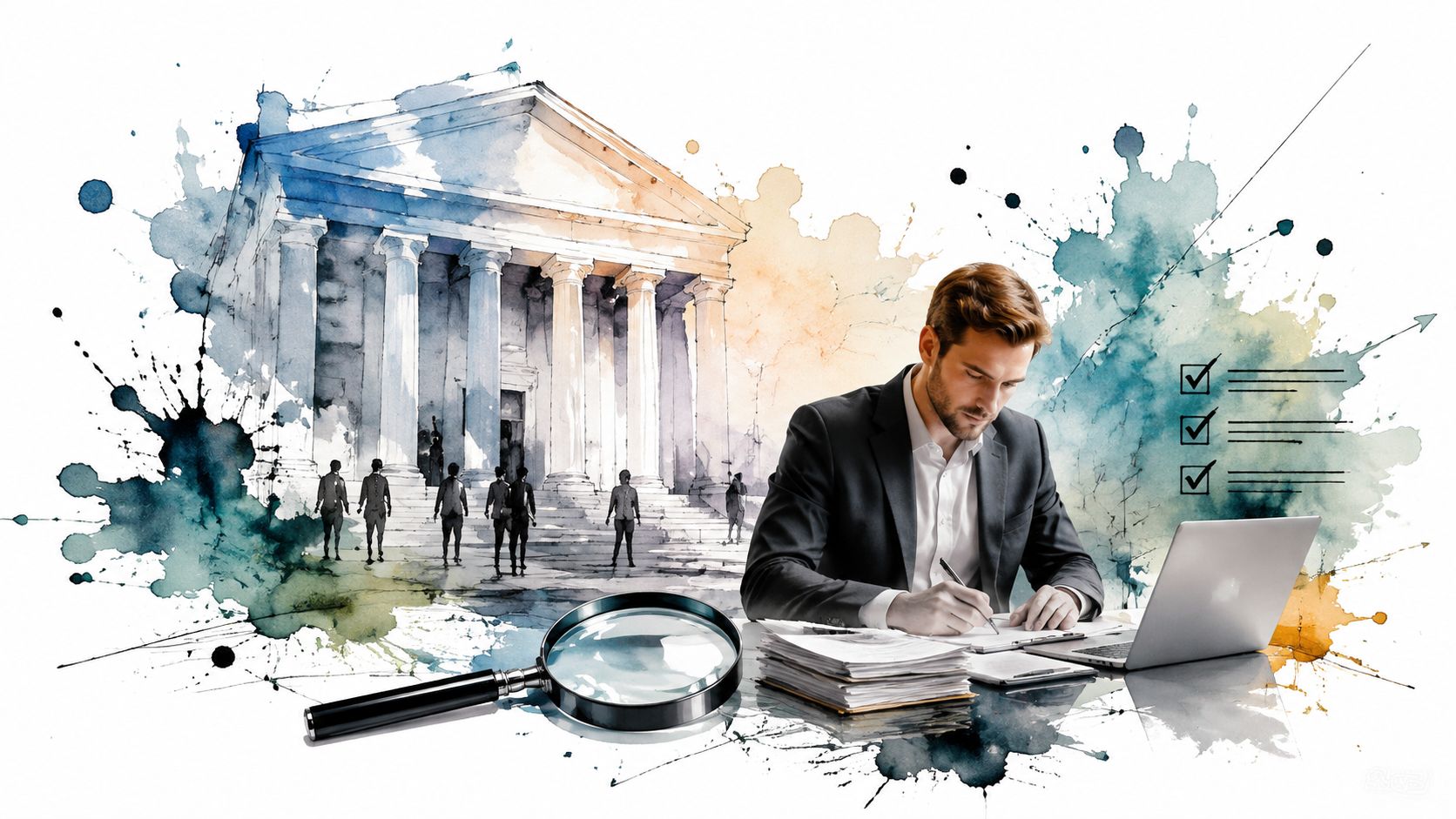 A professional in a suit reviewing legal documents with a laptop and a magnifying glass nearby.