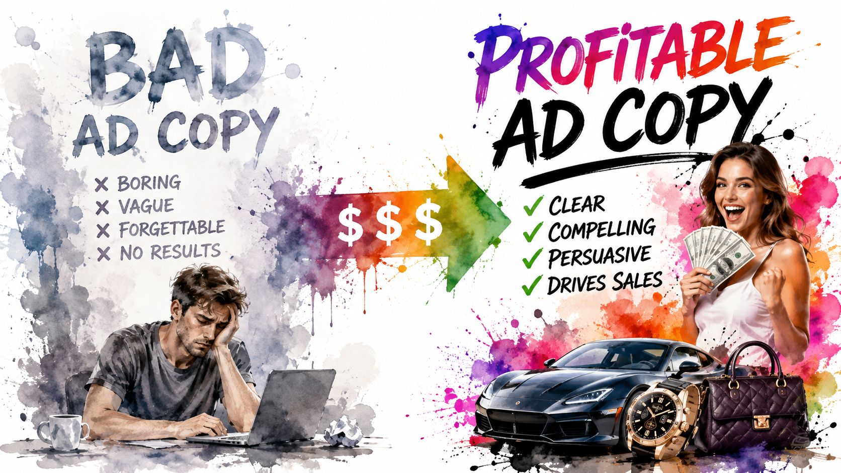 A comparison showing the difference between ineffective bad ad copy and successful, profitable, high-converting marketing copy.