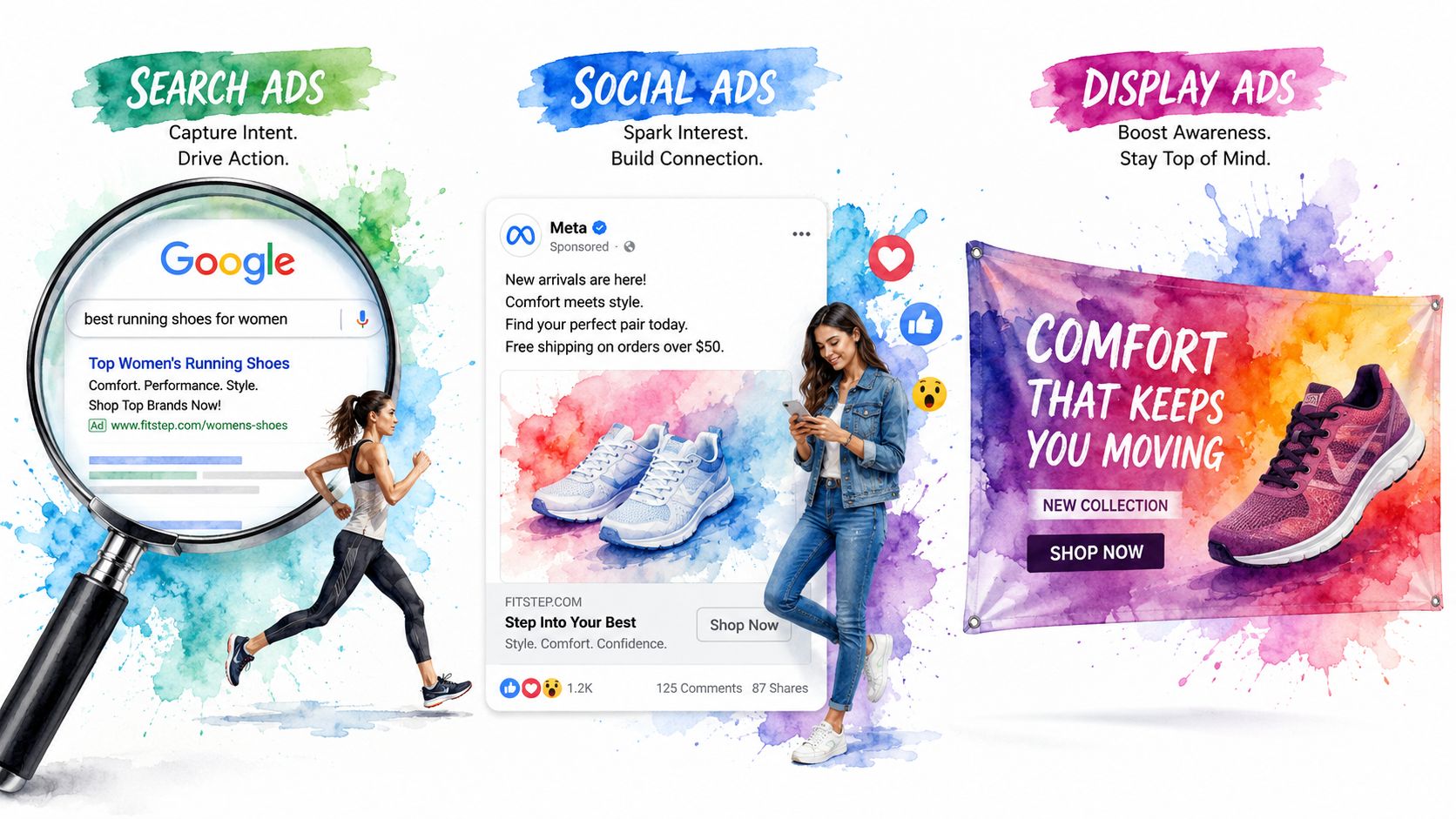 A marketing graphic illustrating search, social, and display advertisements with colorful watercolor splashes and example product ads.