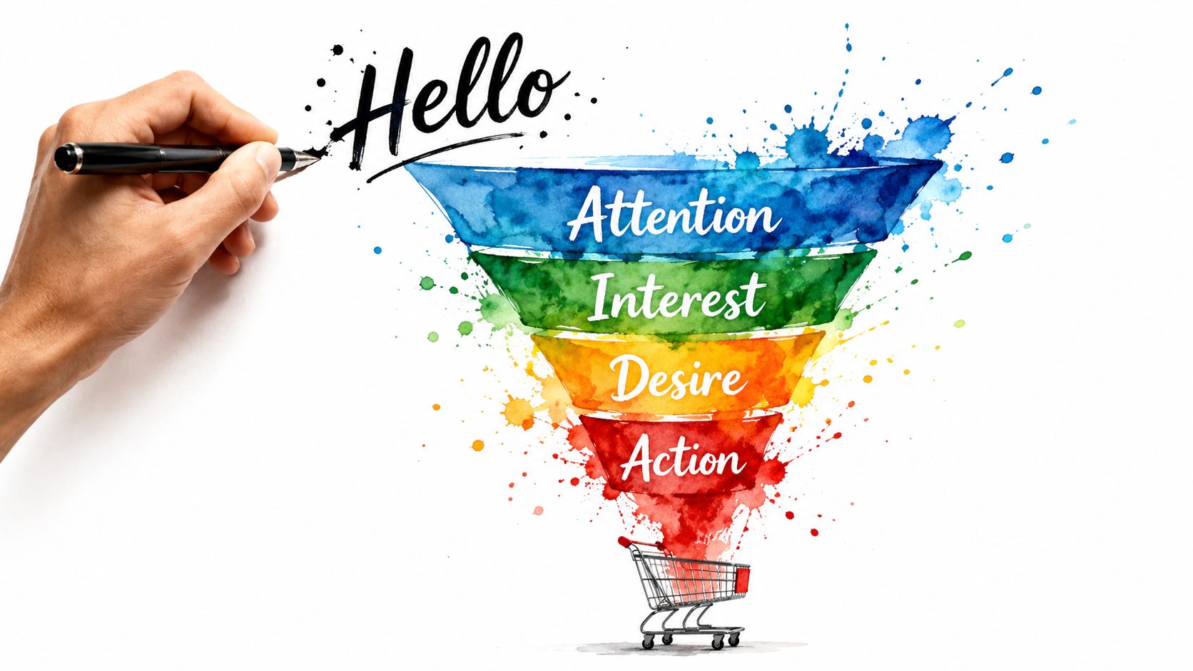 A hand drawing a funnel diagram representing the marketing stages of Attention, Interest, Desire, and Action.