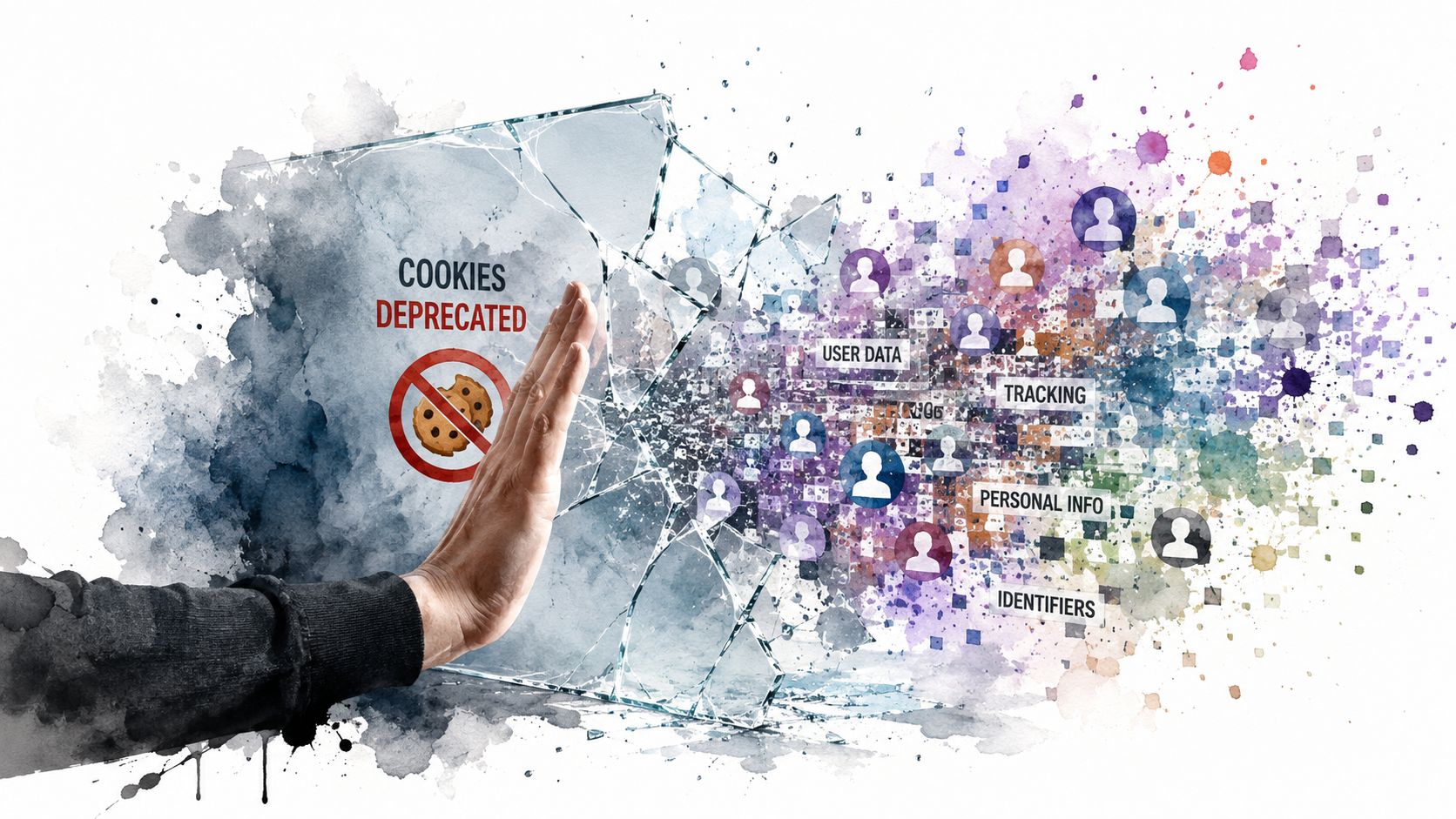 A conceptual illustration of a hand stopping broken glass with the text Cookies Deprecated and user data.