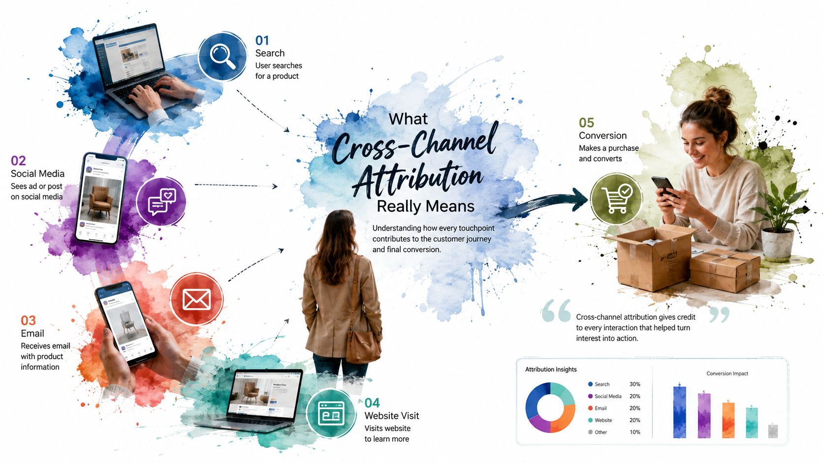 An infographic illustrating the customer journey and cross-channel attribution process leading to a successful online conversion.