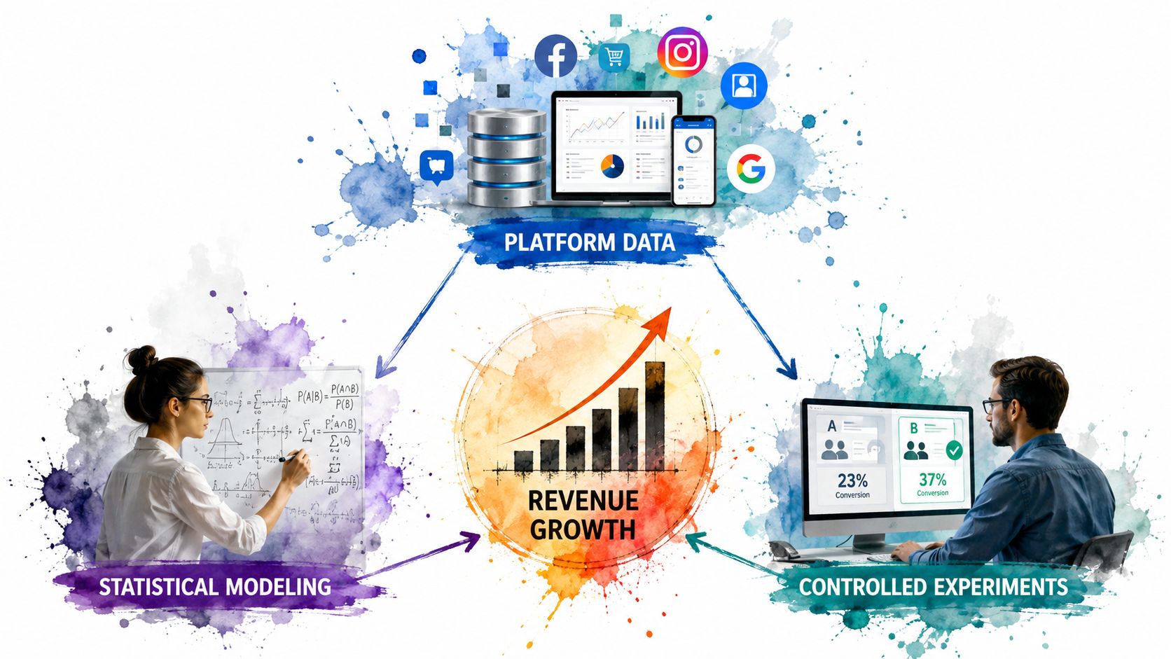 A conceptual diagram showing how platform data, statistical modeling, and controlled experiments lead to revenue growth.