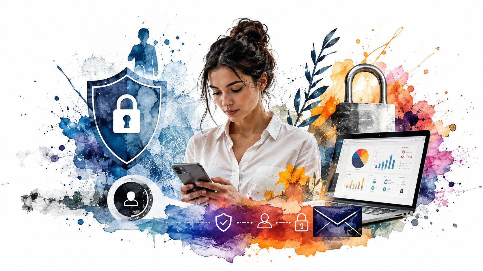 A woman using her smartphone next to a laptop displaying security data with colorful watercolor abstract elements.