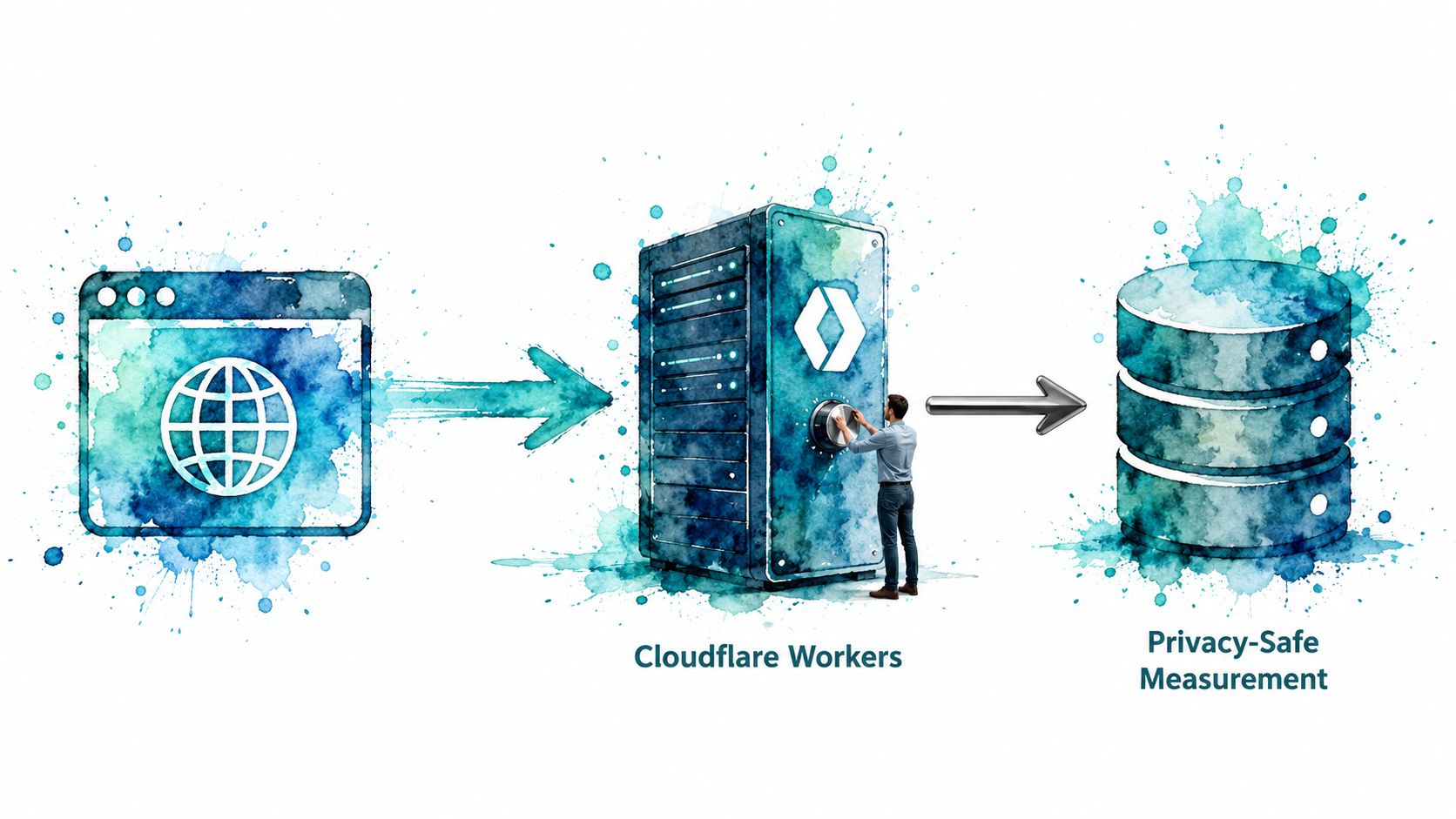 A watercolor-style illustration showing website traffic flowing through Cloudflare Workers into a privacy-safe data storage system.