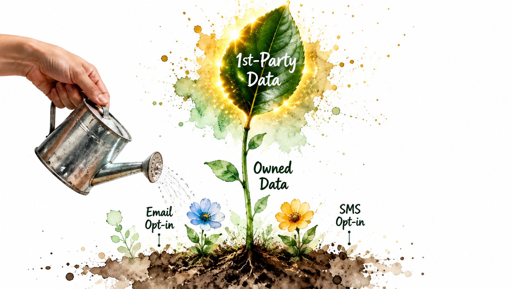 A hand watering a small plant with a glowing leaf labeled 1st-Party Data and Owned Data.