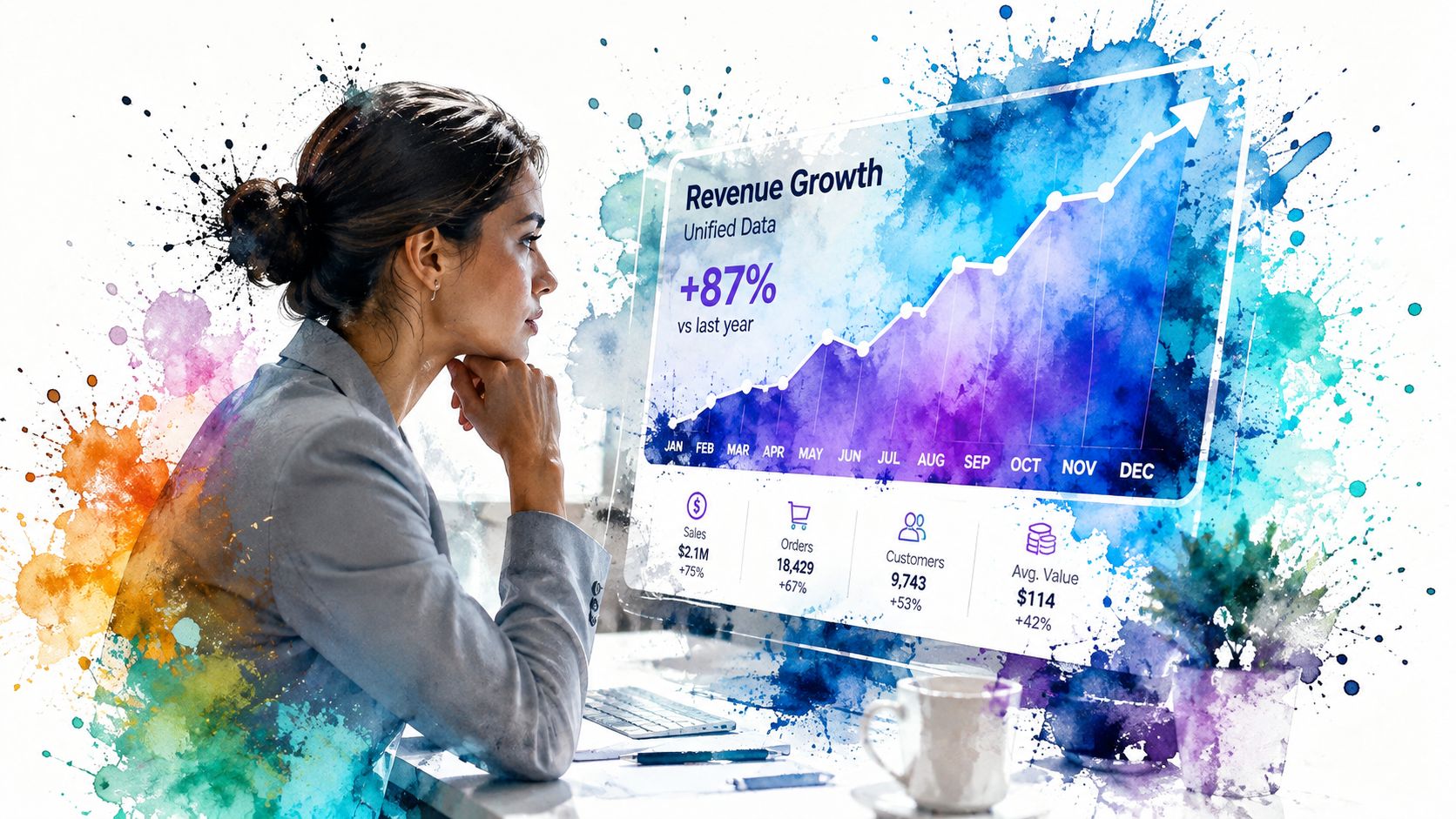 A businesswoman looking at a digital data visualization screen showing revenue growth and marketing analytics.
