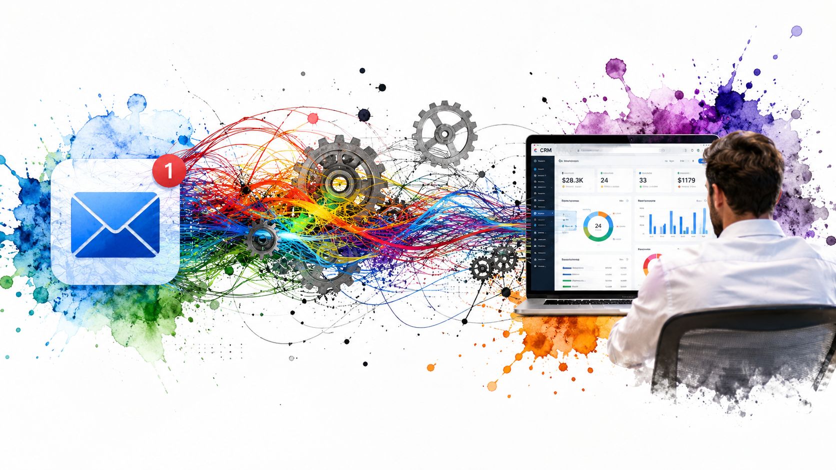A man working on a CRM laptop dashboard connected by colorful abstract lines to an email icon.
