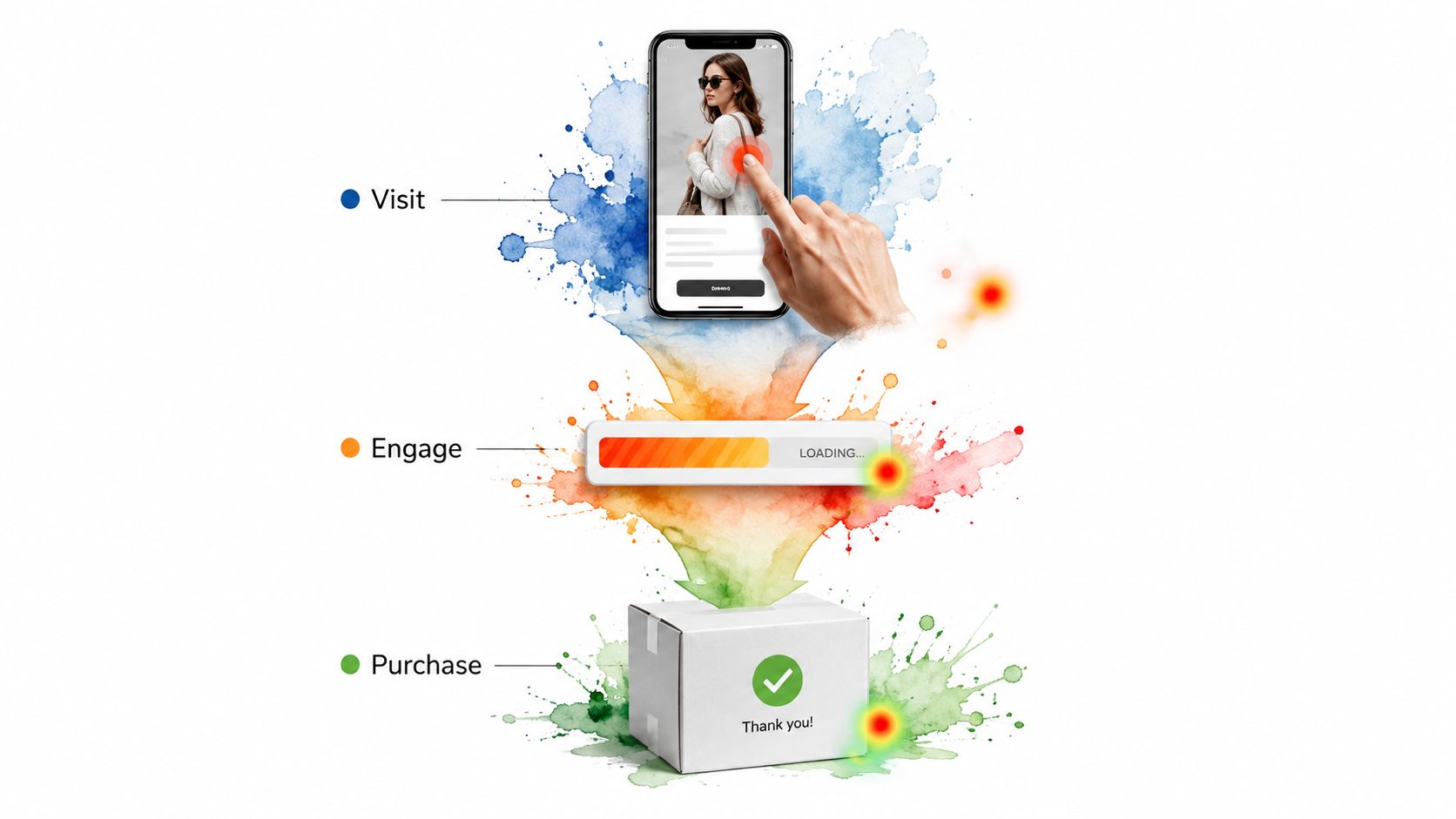 A digital marketing funnel illustration showing customer journey steps from visiting an app to purchasing goods.