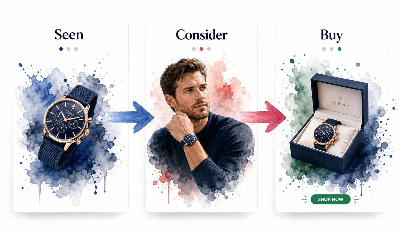 A visual marketing funnel graphic illustrating the customer journey from seen, consider, to buy with watches.