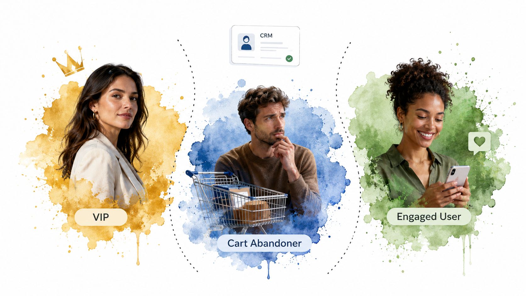 A digital illustration showing three customer personas: a VIP, a cart abandoner, and an engaged user.