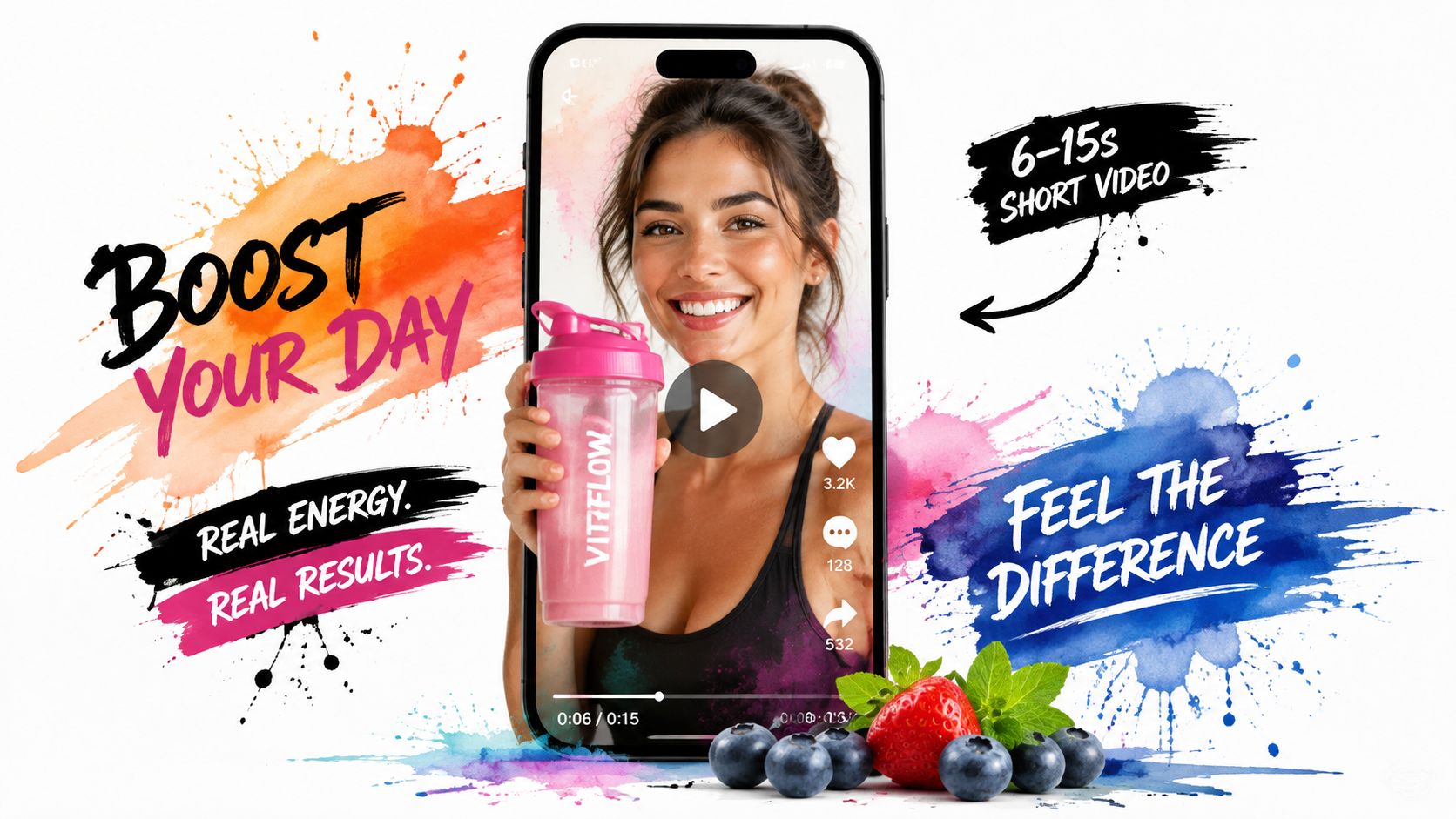 A woman holding a pink protein shaker bottle in a mobile phone screen displaying social media video content.