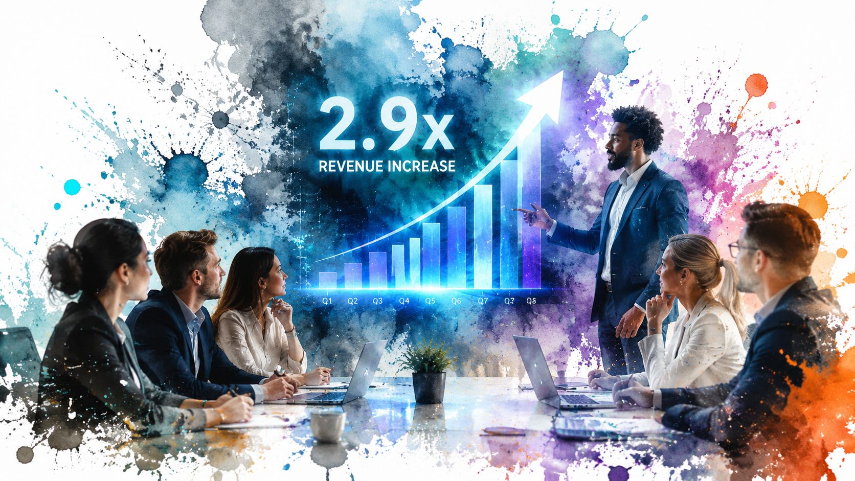 A professional business team listening to a presenter show a 2.9x revenue increase chart in a meeting.