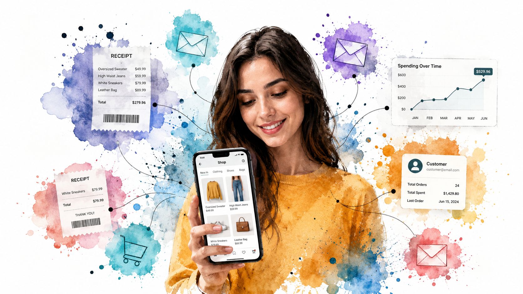 A woman using her smartphone surrounded by watercolor illustrations of digital receipts, email icons, and customer data charts.