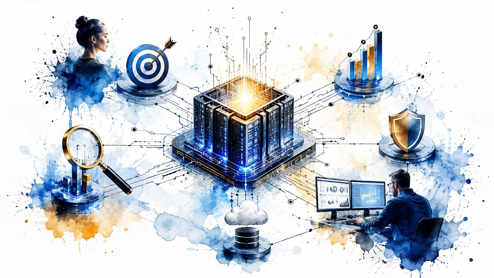A digital illustration showing a central data server connected to various analytics, security, and cloud computing elements.