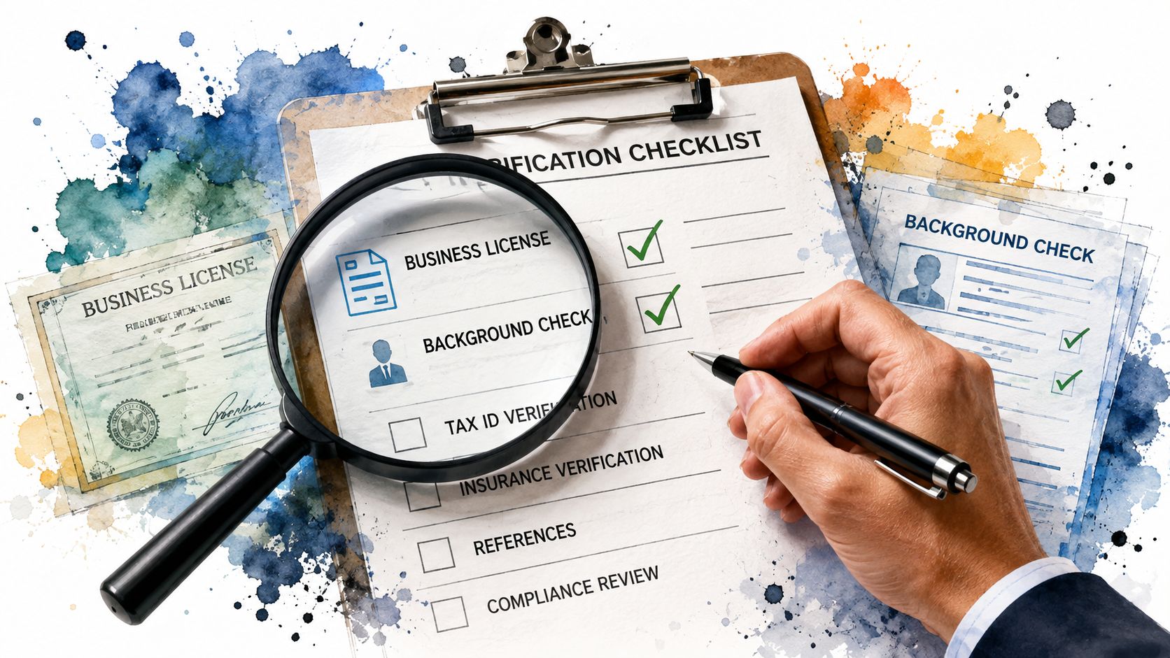 A hand using a pen to mark a business verification checklist on a clipboard with a magnifying glass.